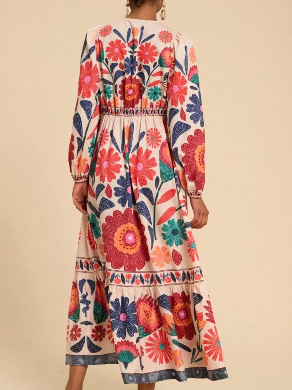 Multicolor Boho Women's Vacation Floral Print Tie-Up Long Sleeve Dress - Picture 2 of 6